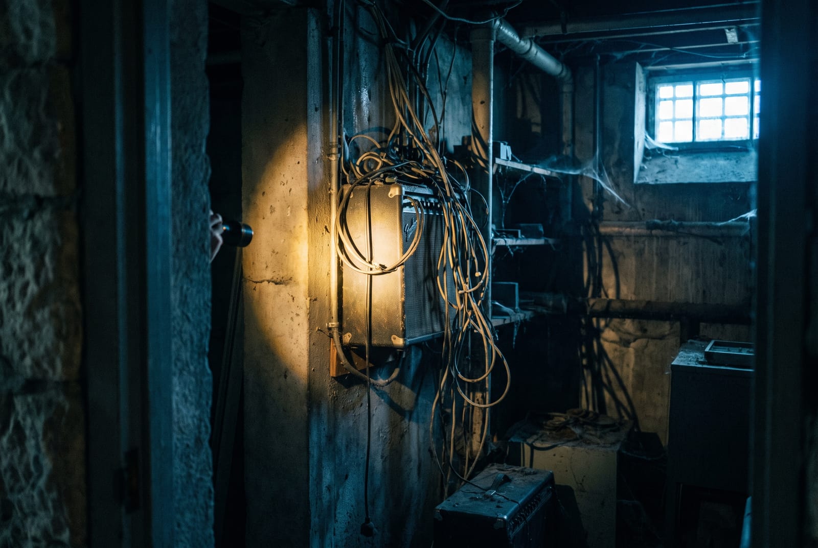 A dim basement riser room lit by a flashlight, showing an old intercom amplifier cabinet and decades of accumulated cable